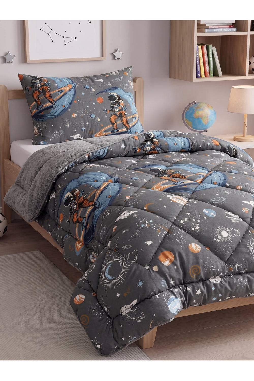 Uzay Desenli Welsoft Tek Kişilik Yorgan Seti | 1 Adet Yorgan 155x215 cm, 1 adet Yastık Kılıfı 50x70 cm | Dolgulu, Yumuşak, Pamuklu Set