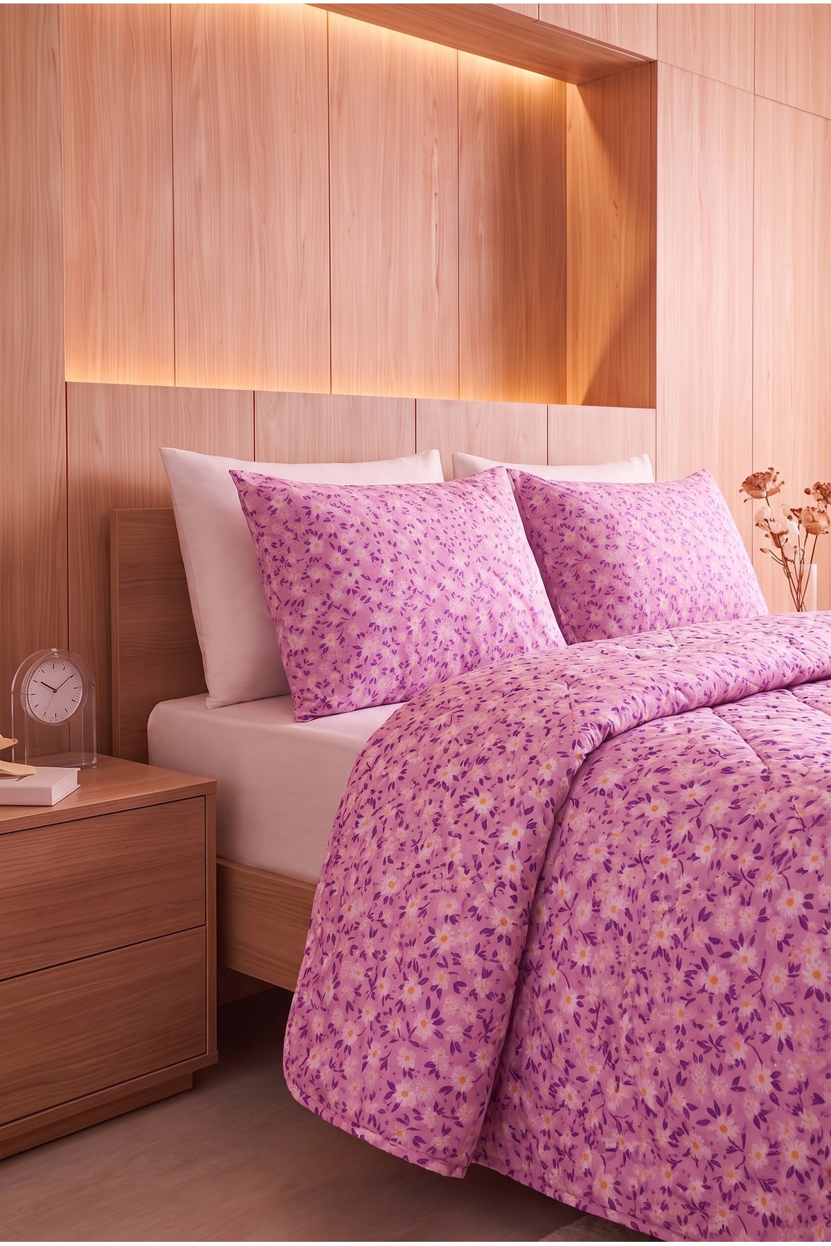 Papatya Desenli Kapitone Çift Kişilik Pike Seti | 1 Adet Pike 200x230 cm, 2 adet Yastık Kılıfı 50x70 cm | Yumuşak, Pamuklu Set