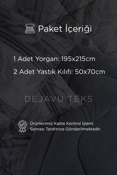 Çift Kişilik Welsoft Yorgan Seti + 2 Yastık Kılıfı | Pamuklu Yaprak Desen Çift Taraflı Yorgan Takımı