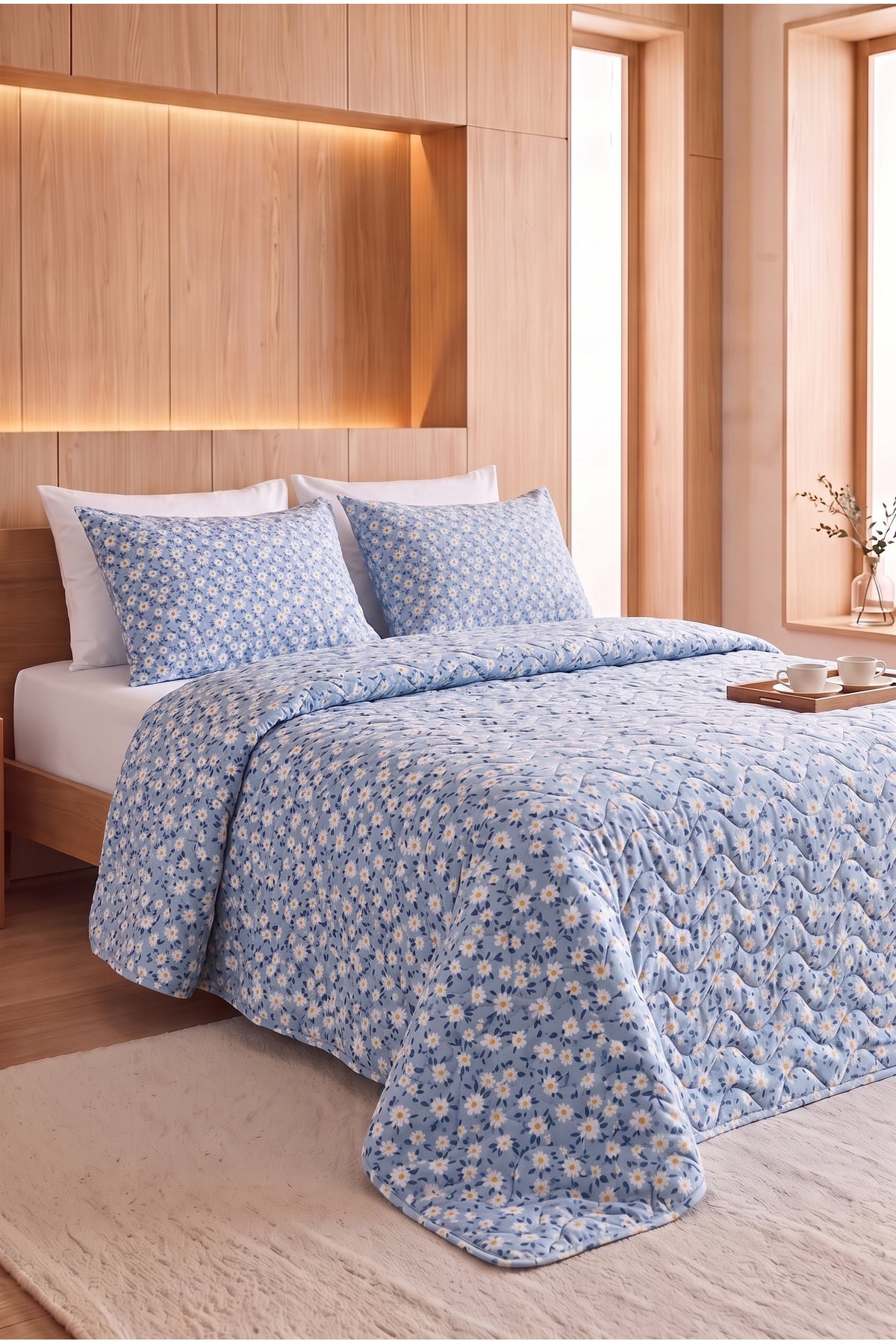 Papatya Desenli Kapitone Çift Kişilik Pike Seti | 1 Adet Pike 200x230 cm, 2 adet Yastık Kılıfı 50x70 cm | Yumuşak, Pamuklu Set