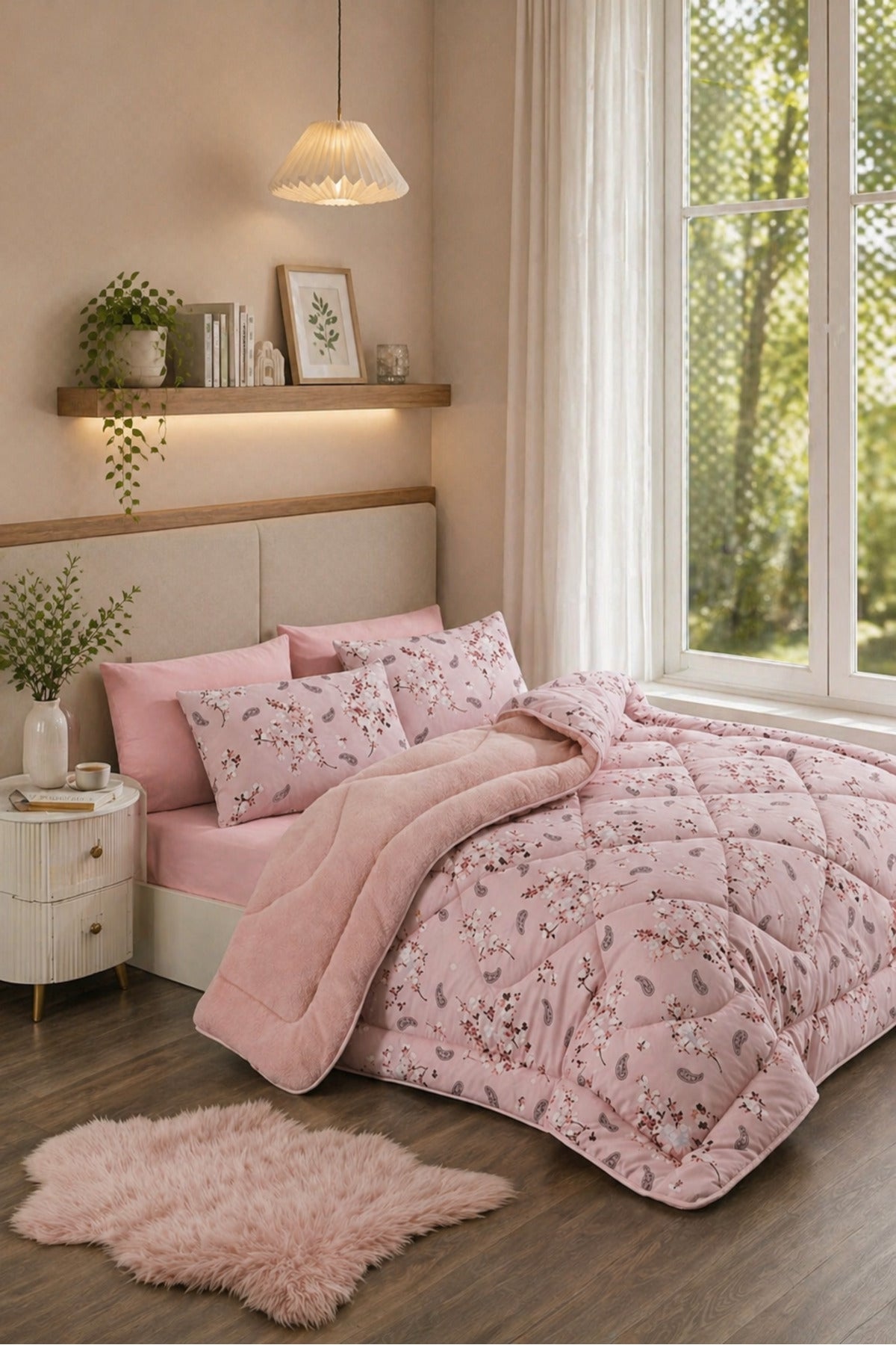 Çiçek Desenli Welsoft Çift Kişilik Yorgan Seti | 1 Adet Yorgan 200x220 cm, 2 adet Yastık Kılıfı 50x70 cm | Dolgulu, Yumuşak, Pamuklu Set