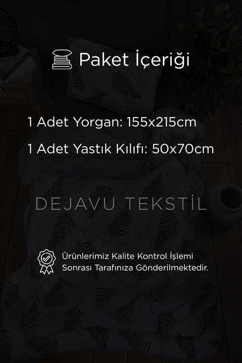 Tek Kişilik Welsoft Yorgan + Yastık Kılıfı Seti | Gri Tüy Desenli Çift Taraflı Yorgan Takımı