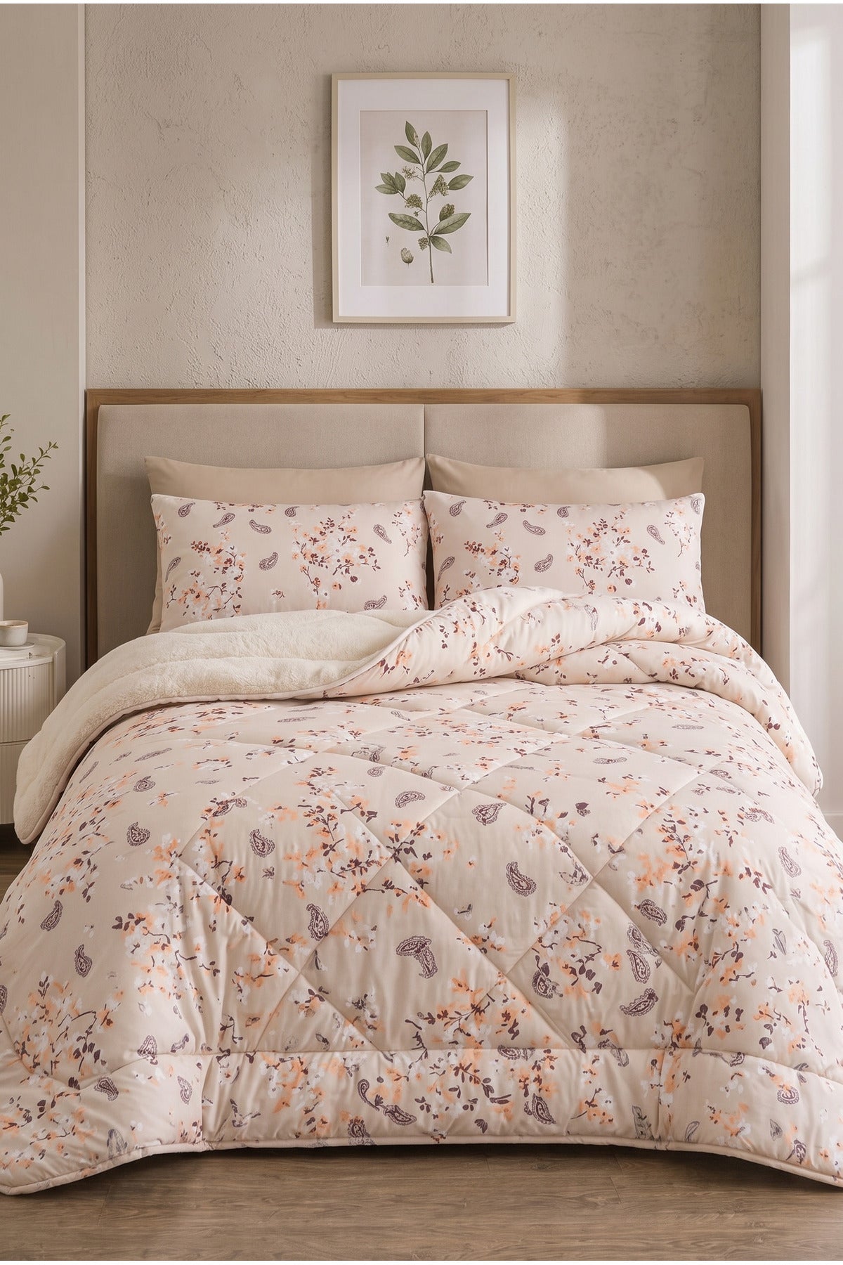Çiçek Desenli Welsoft Çift Kişilik Yorgan Seti | 1 Adet Yorgan 200x220 cm, 2 adet Yastık Kılıfı 50x70 cm | Dolgulu, Yumuşak, Pamuklu Set