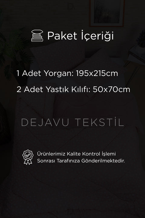 Çift Kişilik Welsoft Yorgan + 2 Yastık Kılıfı Seti | Pembe Yaprak Desenli Çift Taraflı Yorgan Takımı