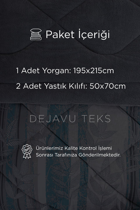 Çift Kişilik Welsoft Yorgan Seti + 2 Yastık Kılıfı | Pamuklu Yaprak Desen Çift Taraflı Yorgan Takımı