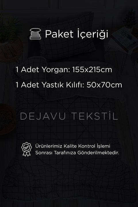 Tek Kişilik Welsoft Yorgan +Yastık Kılıfı Seti | Gri Kareli Çift Taraflı Yorgan Takımı