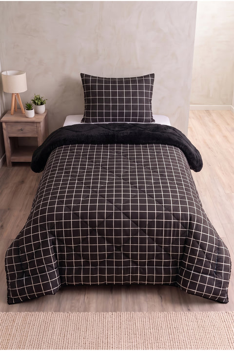 Siyah Kare Desenli Welsoft Tek Kişilik Yorgan Seti | 1 Adet Yorgan 155x215 cm, 1 adet Yastık Kılıfı 50x70 cm | Dolgulu, Yumuşak, Pamuklu Set
