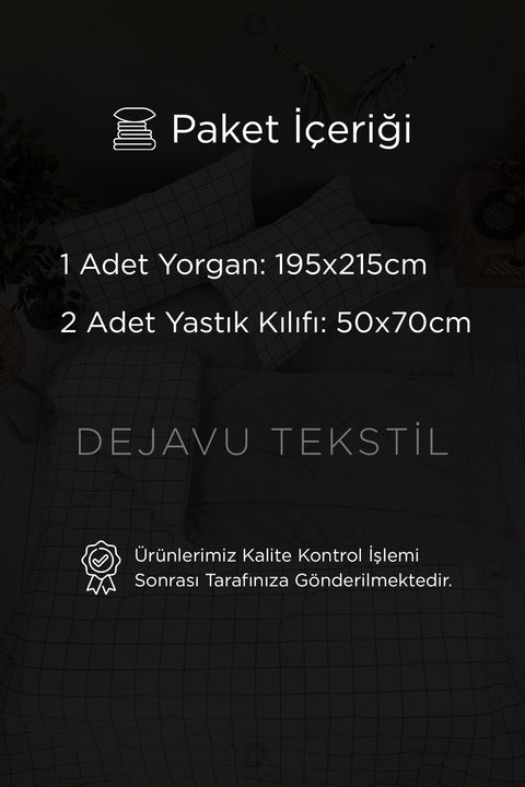 Çift Kişilik Welsoft Yorgan + 2 Yastık Kılıfı Seti | Bej Kareli Çift Taraflı Yorgan Takımı