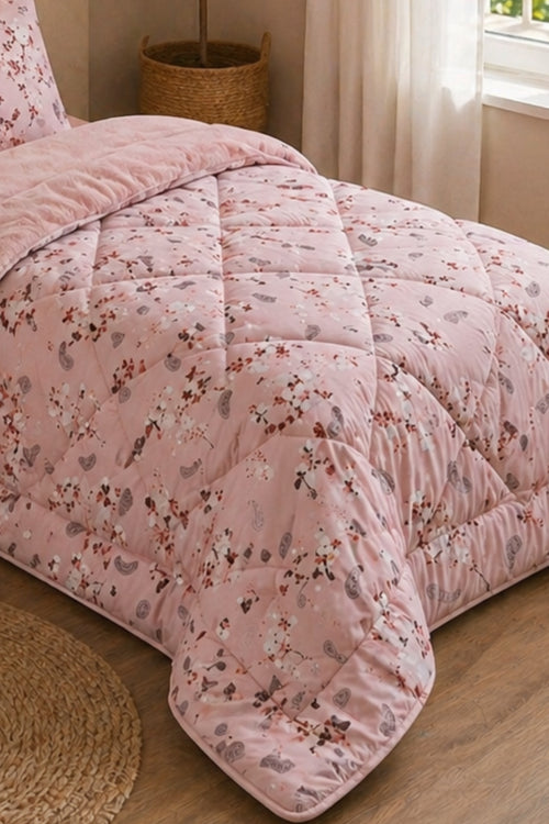 Çiçek Desenli Welsoft Tek Kişilik Yorgan Seti | 1 Adet Yorgan 155x215 cm, 1 adet Yastık Kılıfı 50x70 cm | Dolgulu, Yumuşak, Pamuklu Set