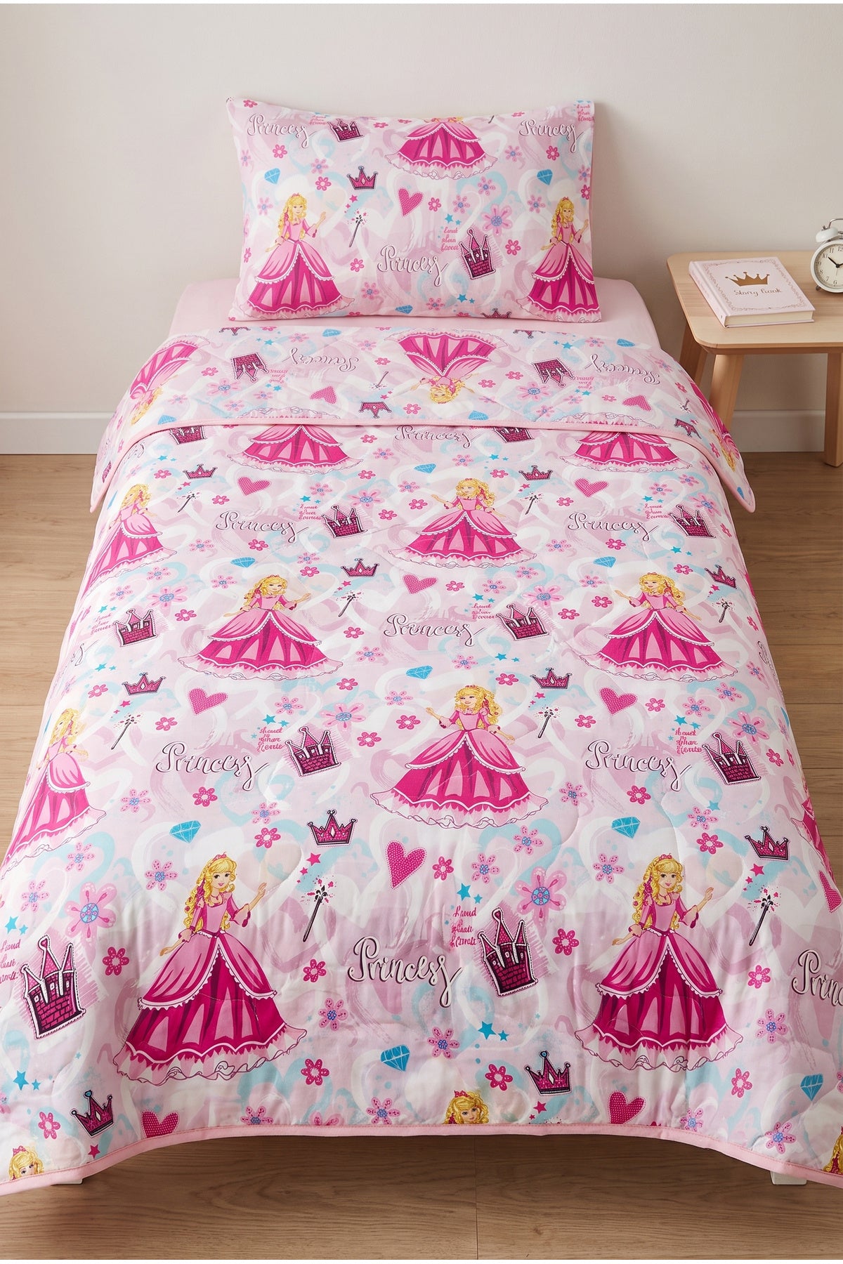 Prenses Desenli Kapitone Tek Kişilik Pike Seti | 1 Adet Pike 160x230 cm, 1 adet Yastık Kılıfı 50x70 cm | Yumuşak, Pamuklu Set