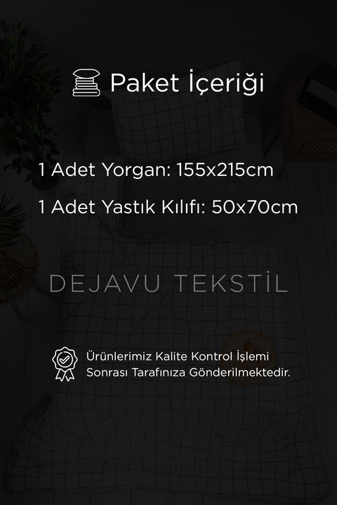 Tek Kişilik Welsoft Yorgan +Yastık Kılıfı Seti | Bej Kareli Çift Taraflı Yorgan Takımı