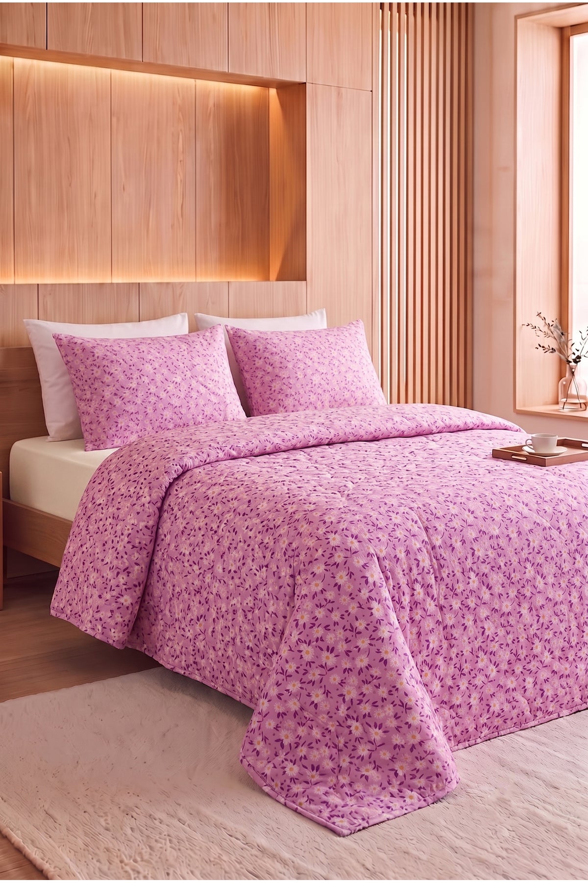 Papatya Desenli Kapitone Çift Kişilik Pike Seti | 1 Adet Pike 200x230 cm, 2 adet Yastık Kılıfı 50x70 cm | Yumuşak, Pamuklu Set