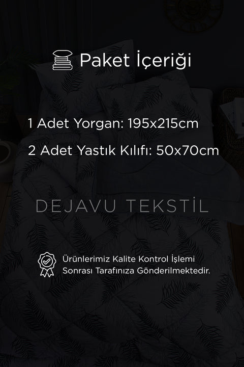 Çift Kişilik Welsoft Yorgan + 2 Yastık Kılıfı Seti | Gri Yaprak Desenli Çift Taraflı Yorgan Takımı