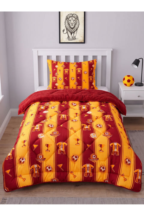 Sarı-Kırmızı Desenli Welsoft Tek Kişilik Yorgan Seti | 1 Adet Yorgan 155x215 cm, 1 adet Yastık Kılıfı 50x70 cm | Dolgulu, Yumuşak, Pamuklu Set