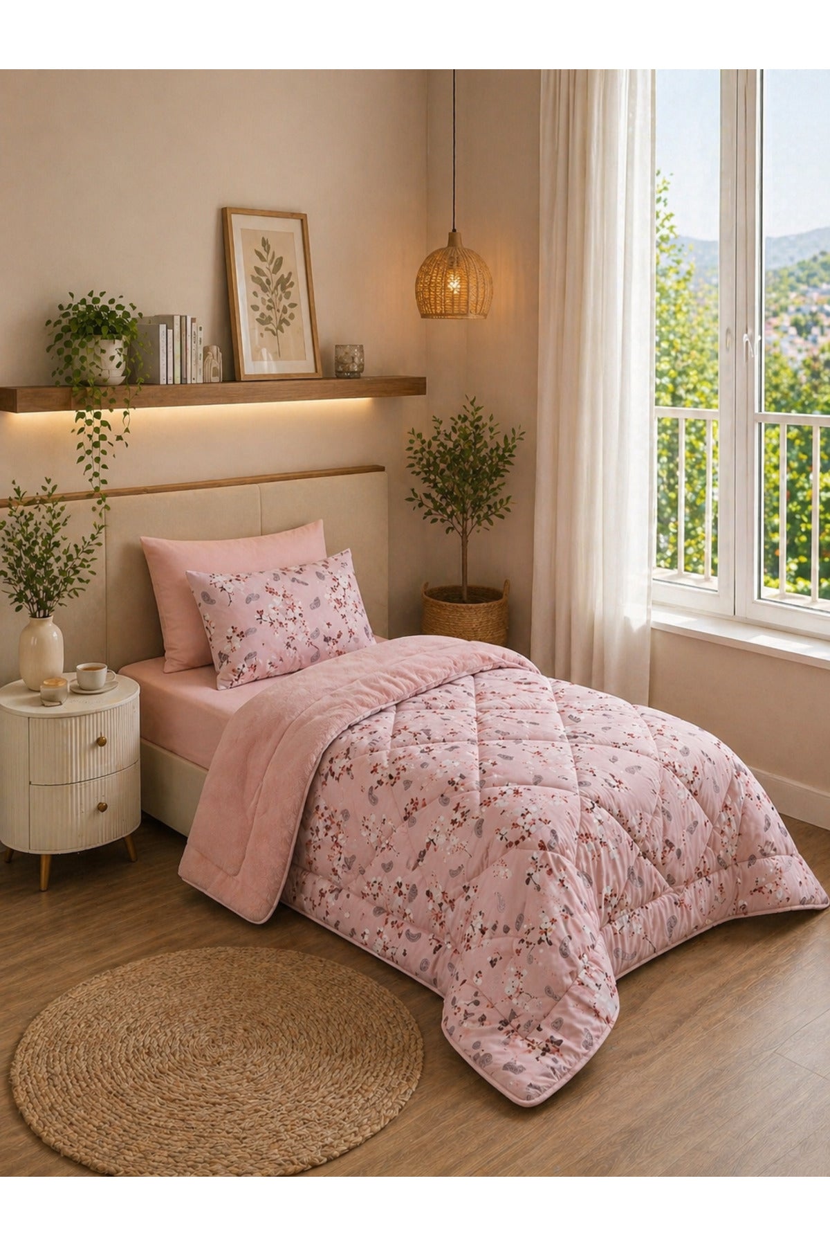 Çiçek Desenli Welsoft Tek Kişilik Yorgan Seti | 1 Adet Yorgan 155x215 cm, 1 adet Yastık Kılıfı 50x70 cm | Dolgulu, Yumuşak, Pamuklu Set