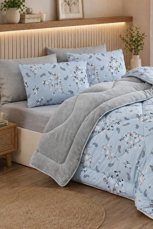 Çiçek Desenli Welsoft Çift Kişilik Yorgan Seti | 1 Adet Yorgan 200x220 cm, 2 adet Yastık Kılıfı 50x70 cm | Dolgulu, Yumuşak, Pamuklu Set