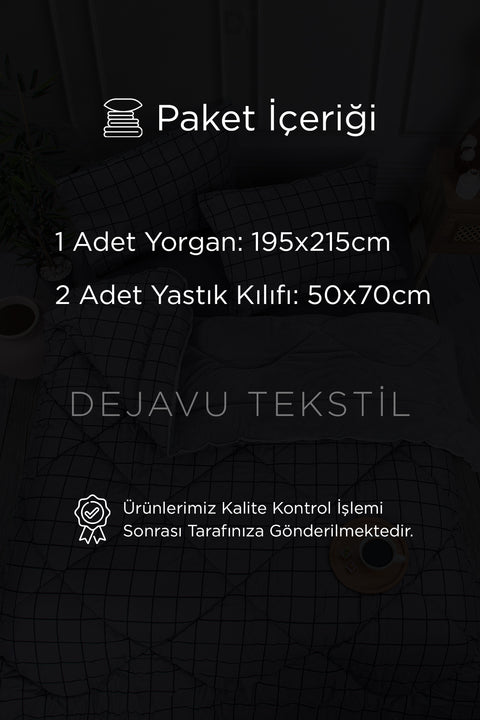 Çift Kişilik Welsoft Yorgan + 2 Yastık Kılıfı Seti | Gri Kareli Çift Taraflı Yorgan Takımı